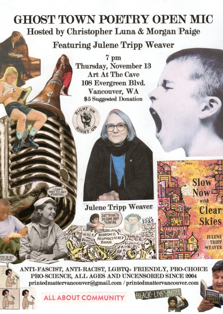 Poster for Ghost Poetry Reading with Author and book cover and assorted images.