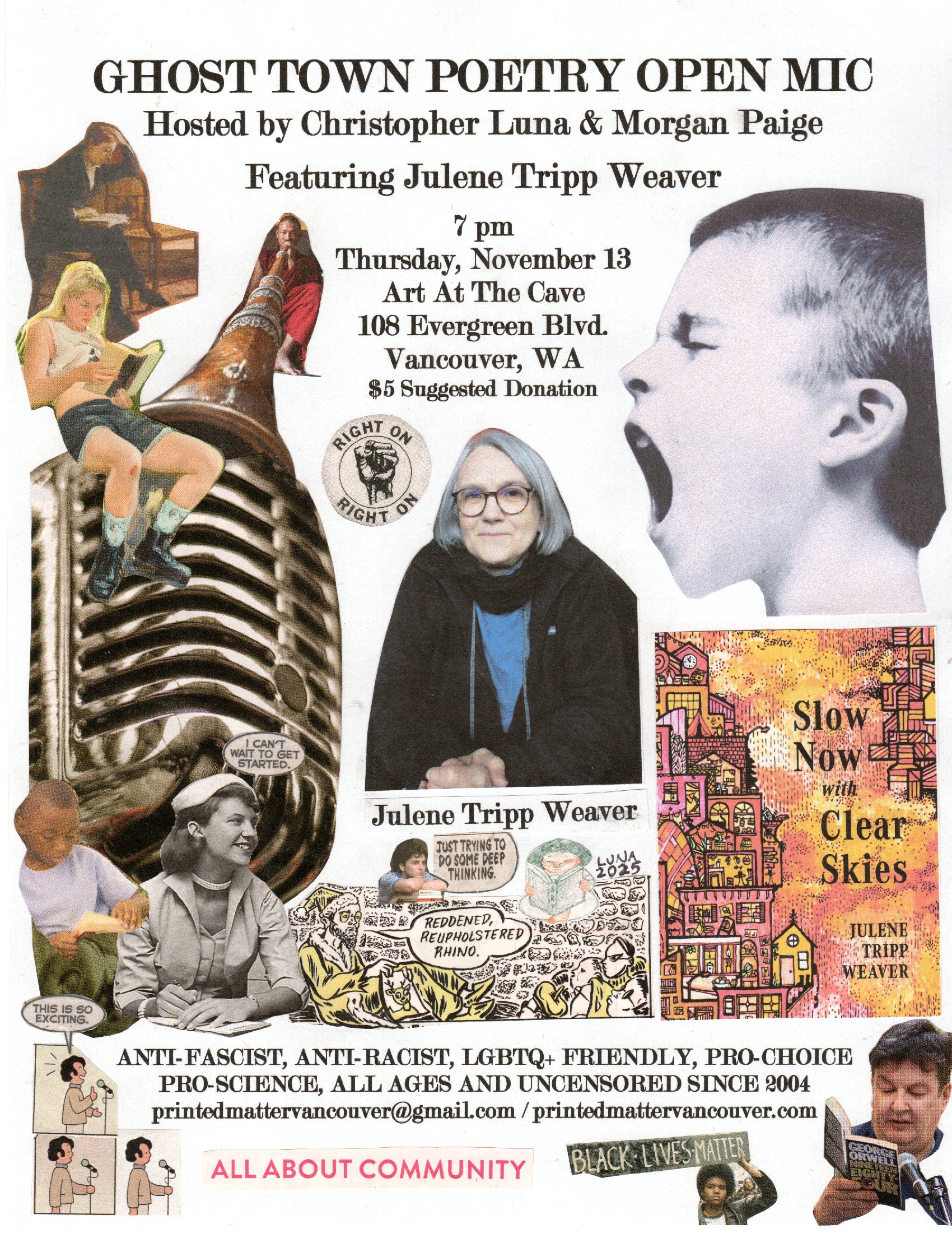 Poster for Ghost Poetry Reading with Author and book cover and assorted images.